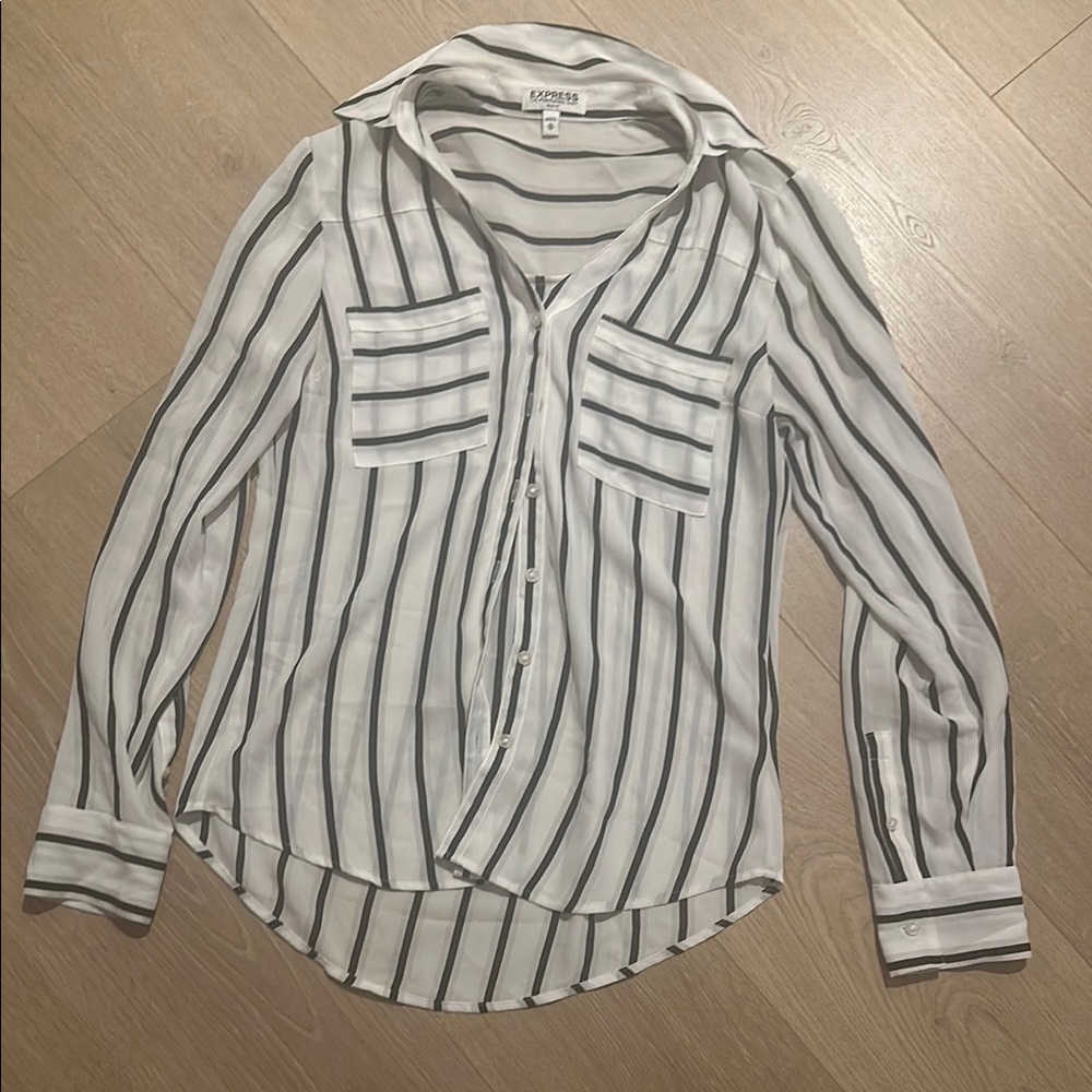 Express Women's Striped Button-Up Top - White and Black